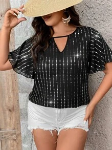 SHEIN Clasi Plus Keyhole Neckline Butterfly Sleeve Sequin Decor Blouse - Black - View 6