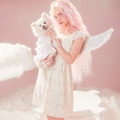 ROMWE 花朵圖案蝴蝶結裝飾寵物連衣裙