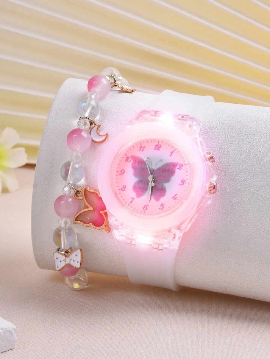 1pc Kids Butterfly Print Dial Quartz Watch & 1pc Bracelet