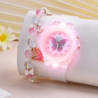 1pc Kids Butterfly Print Dial Quartz Watch & 1pc Bracelet