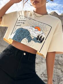 SHEIN EZwear 超大款短袖T恤，印有太阳山和海浪图案 - 米色 - 查看 1