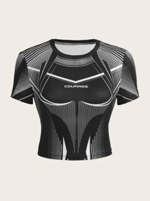 SHEIN ICON Bikercore Letter & Striped Print Crop Tee - Black - View 1