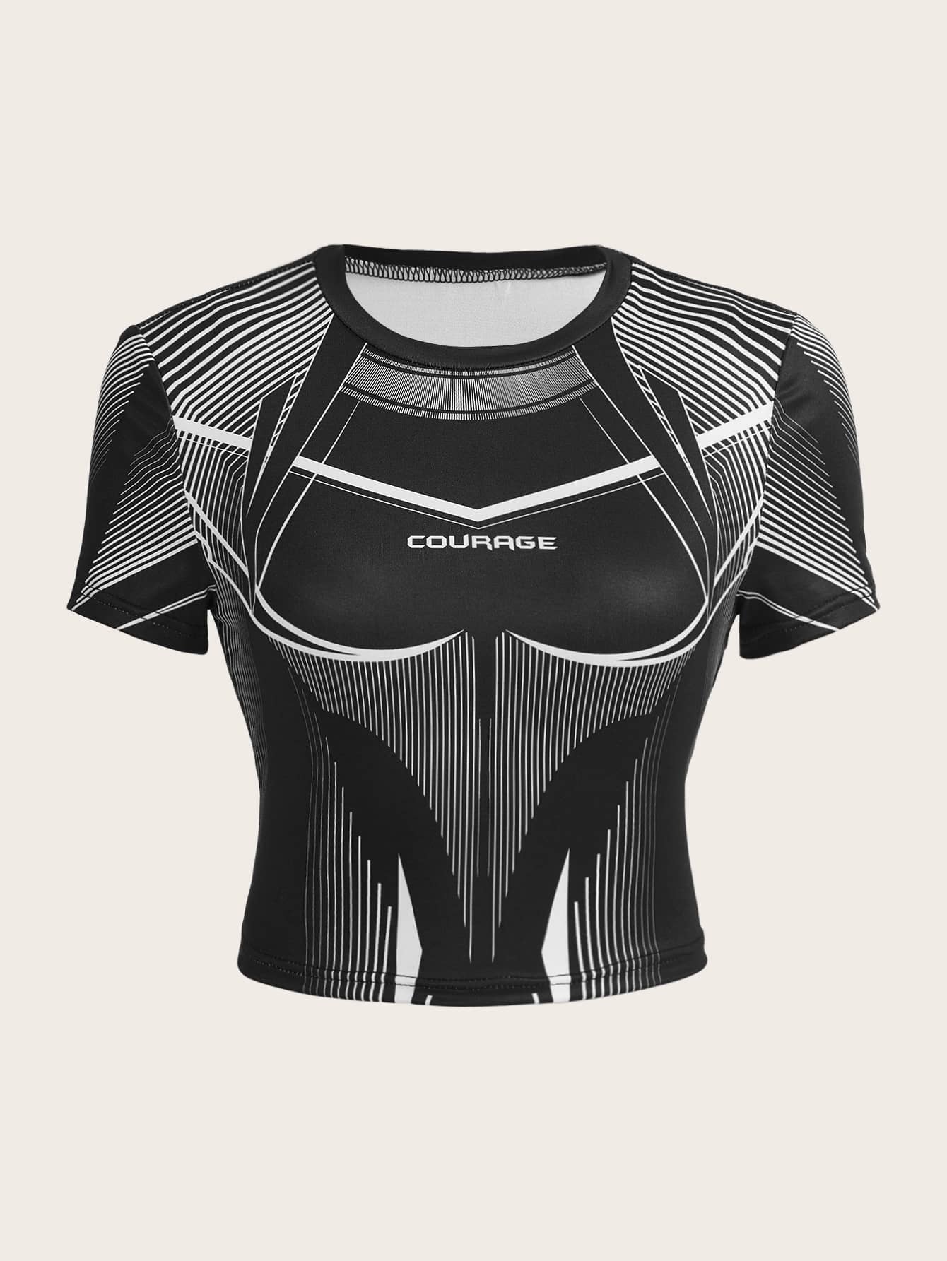 SHEIN ICON Bikercore Letter & Striped Print Crop Tee - Black - View 1