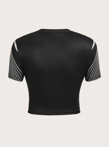 SHEIN ICON Bikercore Letter & Striped Print Crop Tee - Black - View 2