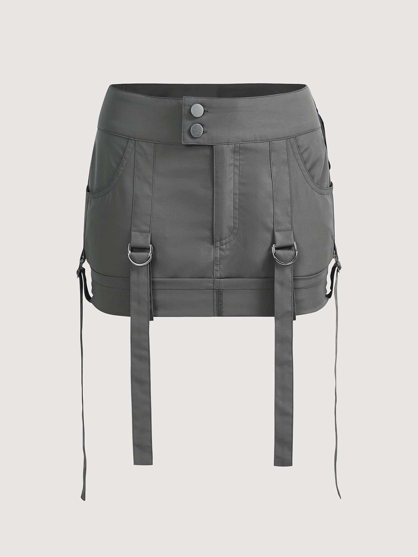 SHEIN ICON 翻蓋口袋帶扣細節半身裙 - 灰色 - 查看 1