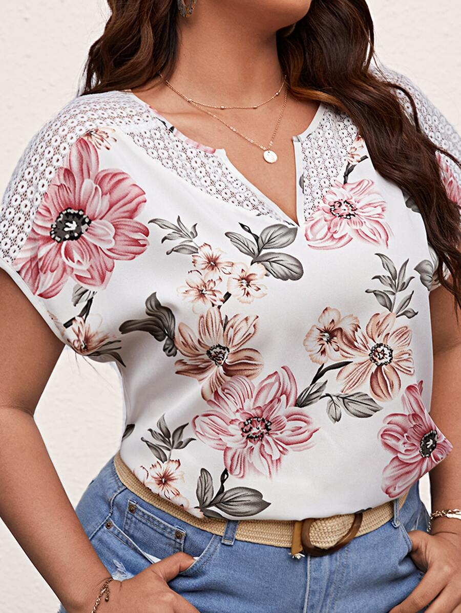 SHEIN VCAY Áo cánh dơi tay cánh dơi họa tiết ren hoa cho mùa hè - trắng - Xem 1