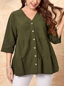 EMERY ROSE Áo sơ mi Plus Size Viên lá sen Nút phía trước màu trơn Giải trí - xanh quân đội - Xem 1