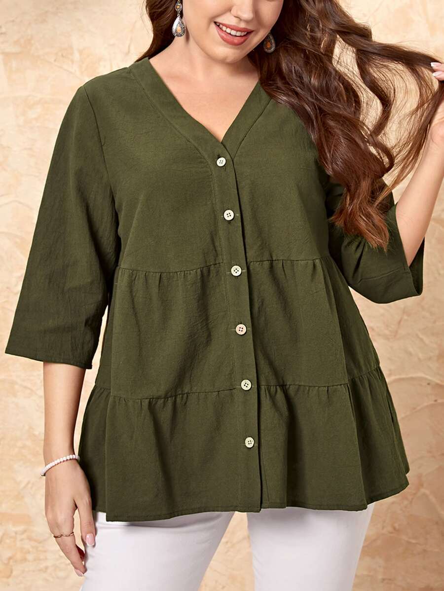 EMERY ROSE Áo sơ mi Plus Size Viên lá sen Nút phía trước màu trơn Giải trí - xanh quân đội - Xem 1