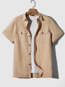 Manfinity NXTstreet Men Flap Pocket Button Front Denim Shirt Without Tee - Khaki - View 1