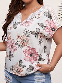 SHEIN VCAY Áo cánh dơi tay cánh dơi họa tiết ren hoa cho mùa hè - trắng - Xem 2