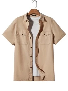 Manfinity NXTstreet Men Flap Pocket Button Front Denim Shirt Without Tee - Khaki - View 3