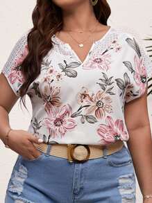 SHEIN VCAY Áo cánh dơi tay cánh dơi họa tiết ren hoa cho mùa hè - trắng - Xem 3