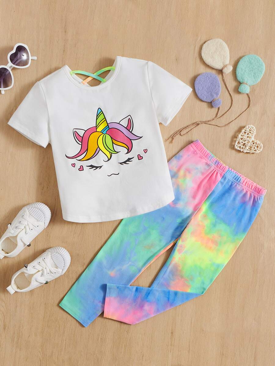 SHEIN 小女童卡通圖案T恤和紮染緊身打底褲 - 彩色 - 查看 1