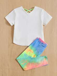 SHEIN 小女童卡通圖案T恤和紮染緊身打底褲 - 彩色 - 查看 2