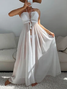 Selianne Hollow Out Lace Up Front Cover Up,Summer Beach - White - View 3