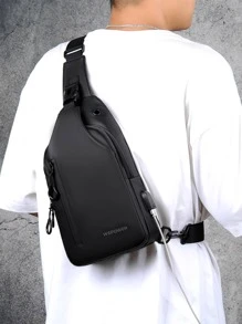 Mini Men Letter Graphic Buckle Decor Sling Bag Chest Bag, Gift For Father - Black - View 2