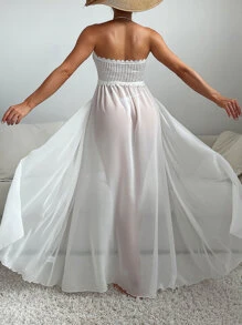 Selianne Hollow Out Lace Up Front Cover Up,Summer Beach - White - View 2