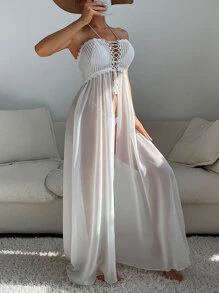 Selianne Hollow Out Lace Up Front Cover Up,Summer Beach - White - View 4