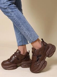 Lace-up Front Wedge Sneakers - Brown - View 3