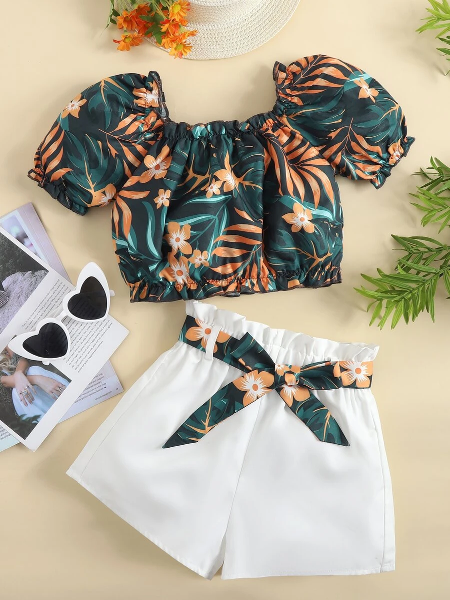 女孩熱帶圖案泡泡袖上衣和紙袋腰附腰帶短褲 - 彩色 - 查看 1