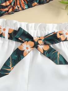 女孩熱帶圖案泡泡袖上衣和紙袋腰附腰帶短褲 - 彩色 - 查看 3