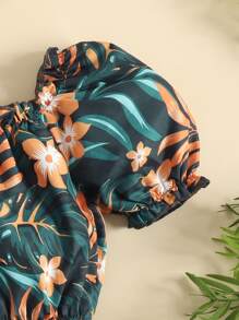 女孩熱帶圖案泡泡袖上衣和紙袋腰附腰帶短褲 - 彩色 - 查看 4