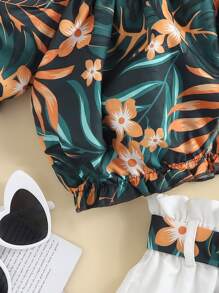 女孩熱帶圖案泡泡袖上衣和紙袋腰附腰帶短褲 - 彩色 - 查看 5