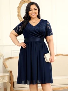 MIUSOL Plus Floral Lace Surplice V Neck Chiffon Prom Swing Dress - Navy Blue - View 1