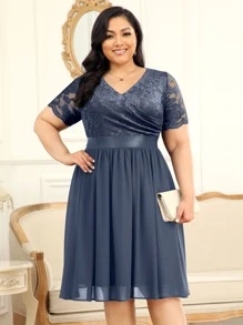 MIUSOL Plus Floral Lace Surplice V Neck Chiffon Prom Swing Dress - Grey - View 1