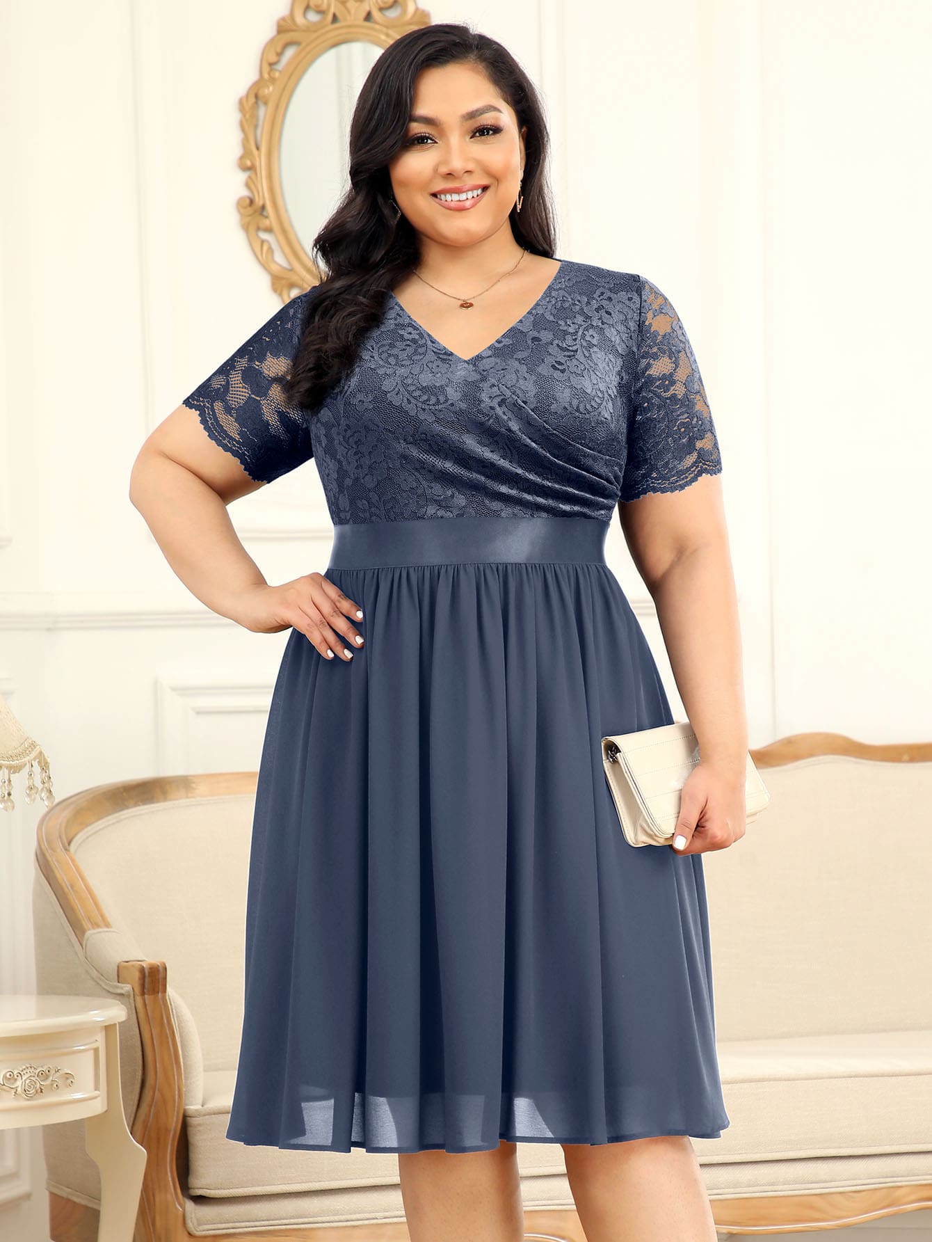 MIUSOL Plus Floral Lace Surplice V Neck Chiffon Prom Swing Dress - Grey - View 1