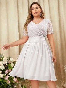 MIUSOL Plus Floral Lace Surplice V Neck Chiffon Prom Swing Dress - White - View 1