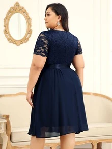 MIUSOL Plus Floral Lace Surplice V Neck Chiffon Prom Swing Dress - Navy Blue - View 2