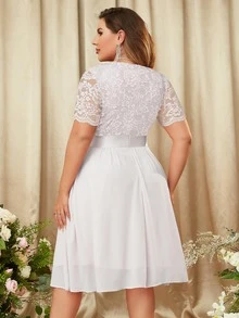 MIUSOL Plus Floral Lace Surplice V Neck Chiffon Prom Swing Dress - White - View 2