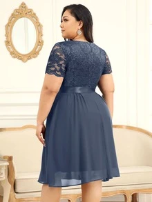 MIUSOL Plus Floral Lace Surplice V Neck Chiffon Prom Swing Dress - Grey - View 2