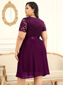 MIUSOL Plus Floral Lace Surplice V Neck Chiffon Prom Swing Dress, Elegant Semi Formal Dress, For Birthday, Wedding Guest, Graduation Homecoming - Maroon - View 2