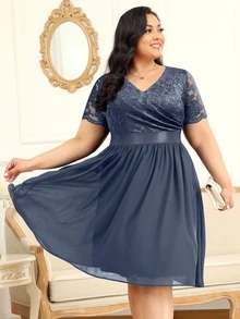 MIUSOL Plus Floral Lace Surplice V Neck Chiffon Prom Swing Dress - Grey - View 3