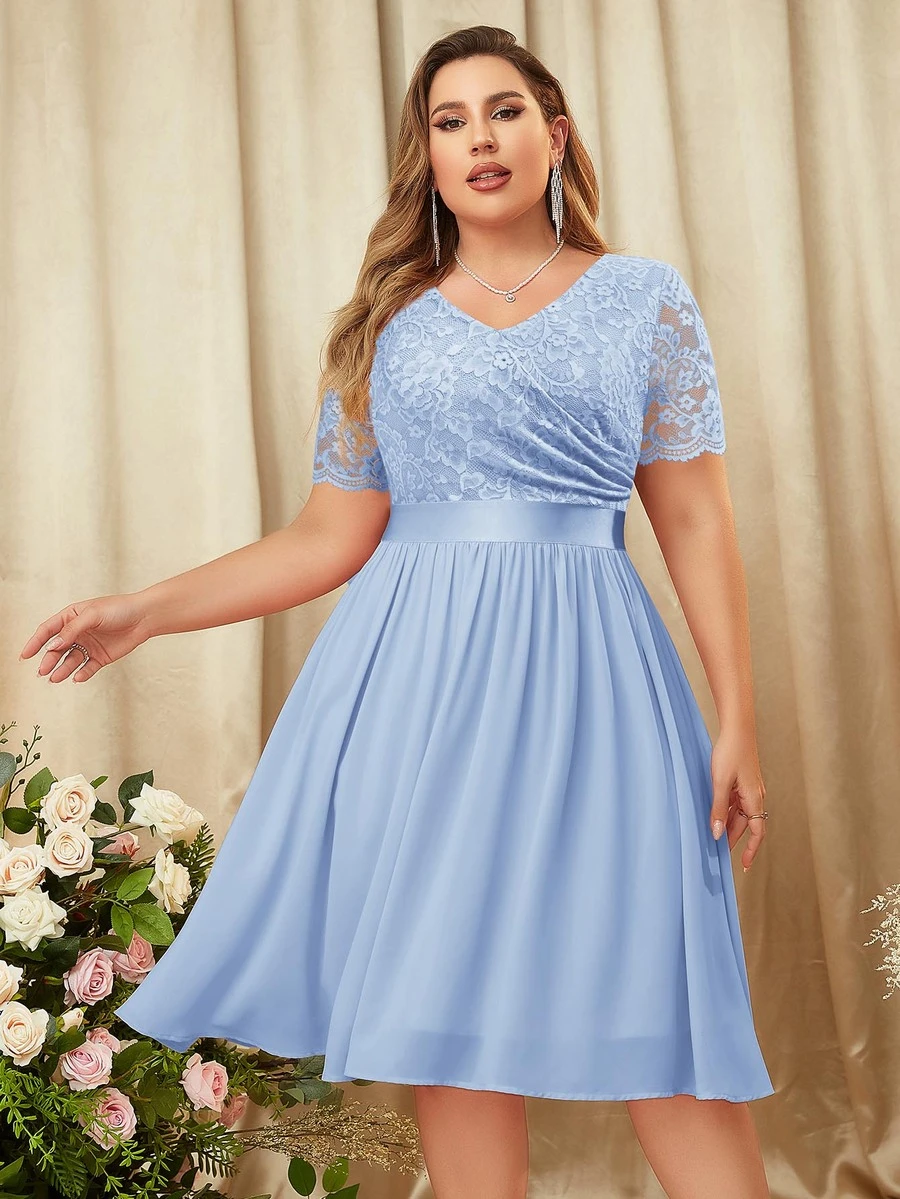 MIUSOL Plus Floral Lace Surplice V Neck Chiffon Prom Swing Dress Elegant Semi Formal Wedding Guest Dress, For Birthday, Graduation, Homecoming - Baby Blue - View 1
