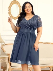 MIUSOL Plus Floral Lace Surplice V Neck Chiffon Prom Swing Dress - Grey - View 4