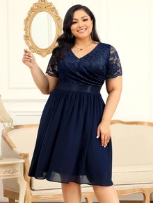 MIUSOL Plus Floral Lace Surplice V Neck Chiffon Prom Swing Dress - Navy Blue - View 4