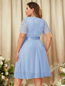 MIUSOL Plus Floral Lace Surplice V Neck Chiffon Prom Swing Dress Elegant Semi Formal Wedding Guest Dress, For Birthday, Graduation, Homecoming - Baby Blue - View 2
