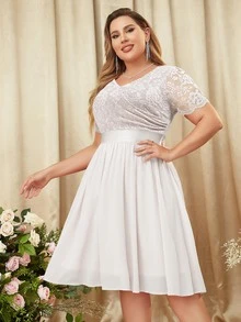 MIUSOL Plus Floral Lace Surplice V Neck Chiffon Prom Swing Dress - White - View 5