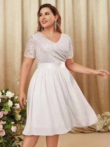 MIUSOL Plus Floral Lace Surplice V Neck Chiffon Prom Swing Dress - White - View 6