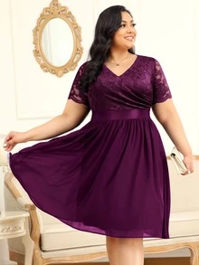 MIUSOL Plus Floral Lace Surplice V Neck Chiffon Prom Swing Dress, Elegant Semi Formal Dress, For Birthday, Wedding Guest, Graduation Homecoming - Maroon - View 4