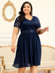 MIUSOL Plus Floral Lace Surplice V Neck Chiffon Prom Swing Dress - Navy Blue - View 5