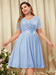 MIUSOL Plus Floral Lace Surplice V Neck Chiffon Prom Swing Dress Elegant Semi Formal Wedding Guest Dress, For Birthday, Graduation, Homecoming - Baby Blue - View 3