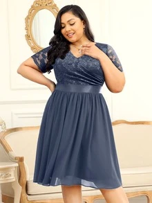 MIUSOL Plus Floral Lace Surplice V Neck Chiffon Prom Swing Dress - Grey - View 5