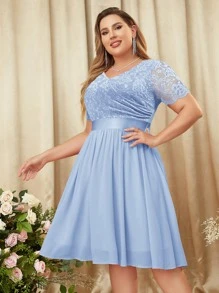 MIUSOL Plus Floral Lace Surplice V Neck Chiffon Prom Swing Dress Elegant Semi Formal Wedding Guest Dress, For Birthday, Graduation, Homecoming - Baby Blue - View 4