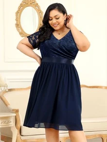 MIUSOL Plus Floral Lace Surplice V Neck Chiffon Prom Swing Dress - Navy Blue - View 7