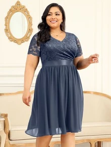 MIUSOL Plus Floral Lace Surplice V Neck Chiffon Prom Swing Dress - Grey - View 6