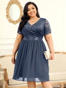 MIUSOL Plus Floral Lace Surplice V Neck Chiffon Prom Swing Dress - Grey - View 7